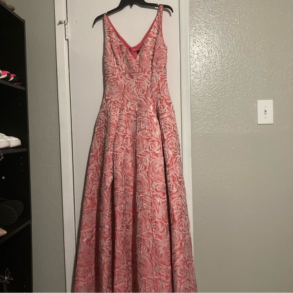 Pink Floral Gown Formal Dress v cut neckline